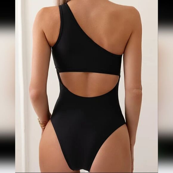 Elegant Black One Shoulder Swimsuit with Contrast Mesh High Elasticity - Picture 5 of 16